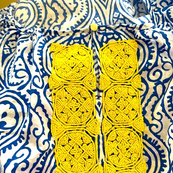 Talbots Women's 2XL Tunic Blouse Beaded V-Neck Long Sleeves Blue White Cotton - Picture 3 of 6